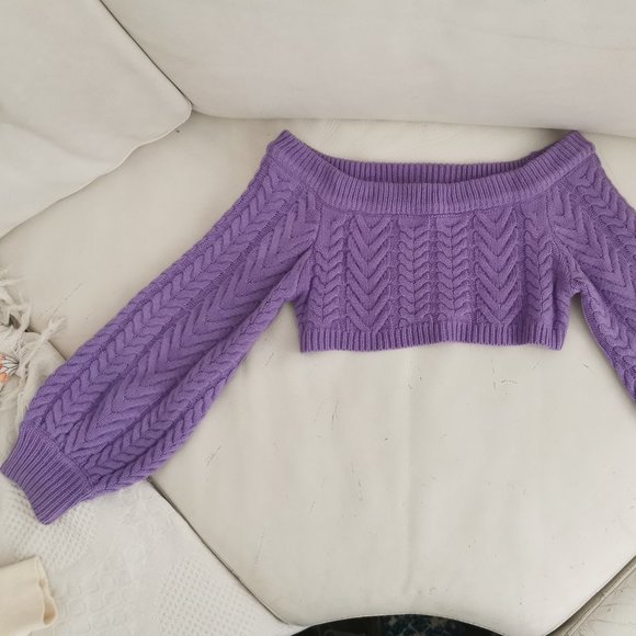 off the shoulder knit cropped top balloon sleeve sweater - Picture 1 of 2